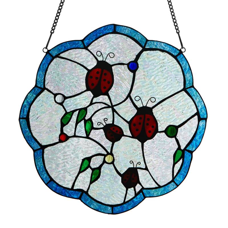 River of Goods Ladybugs on Flower River of Goods Multicolored Stained Glass Suncatcher Window Panel - 12" x 0.25" x 12" - Multi