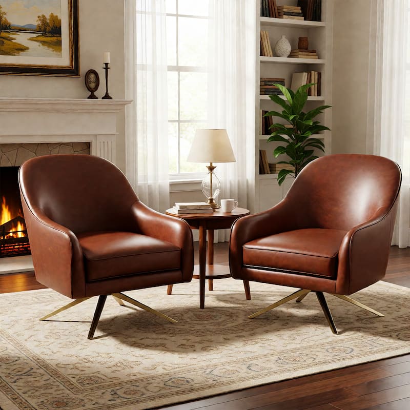 Upholstered Swivel Accent Chair Mid-century Faux Leather Club Chair