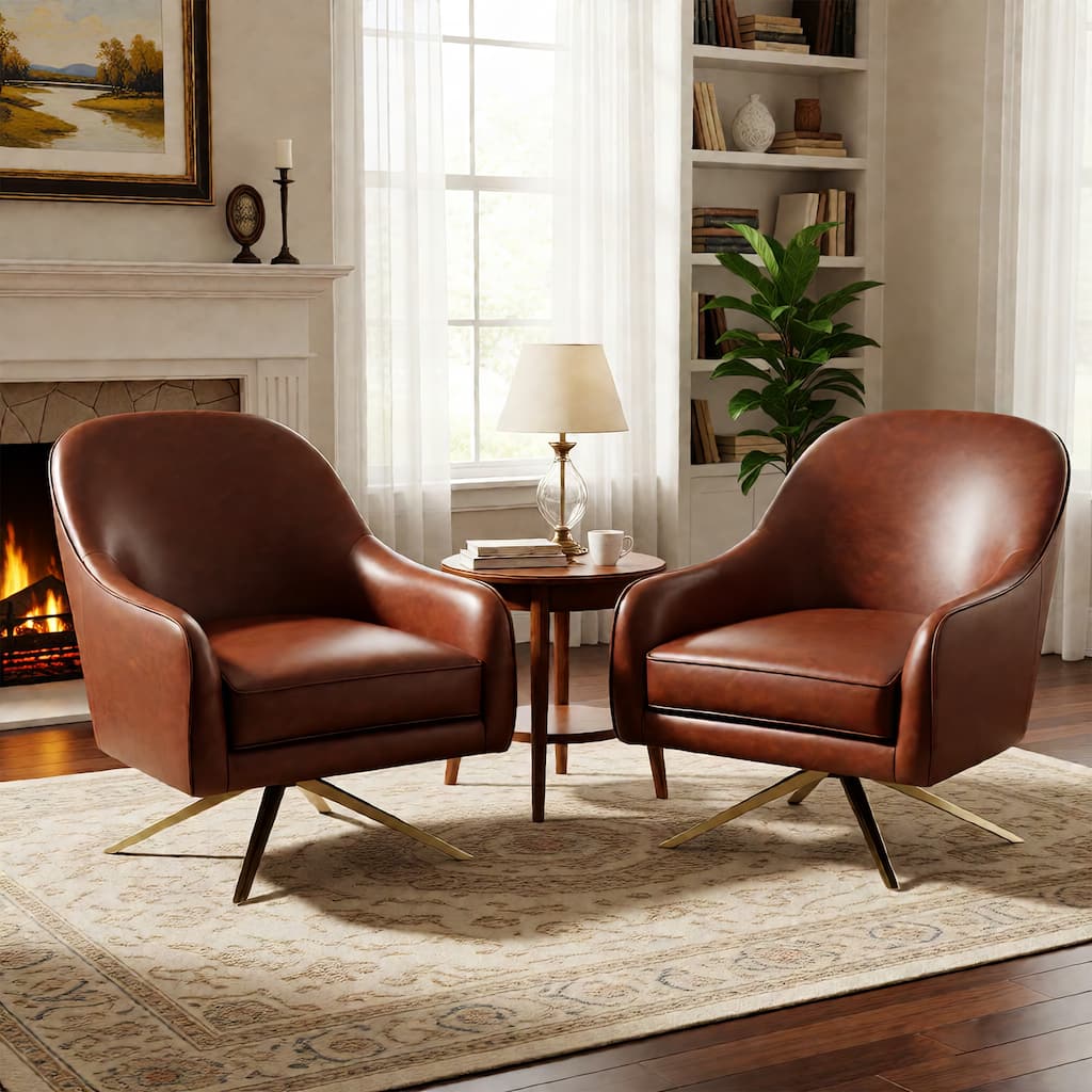 Upholstered Swivel Accent Chair Mid-century Faux Leather Club Chair