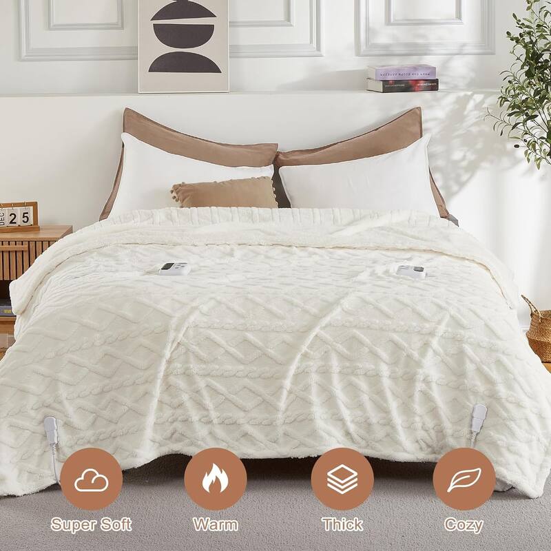 Heated Throw Blanket - Thick Tufted Sherpa Electric Blanket Throw with 10 Heating Levels and 10 Time Settings