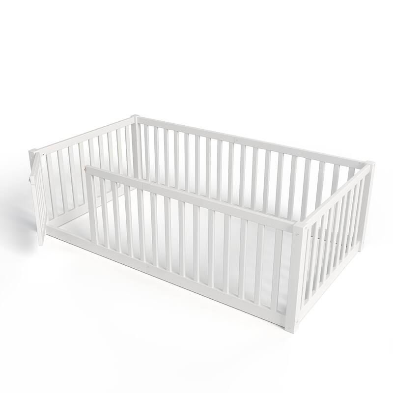Montessori Floor Bed with Safety Guardrails & Door, Kids Low Profile Frame, Available in Queen/Full/Twin