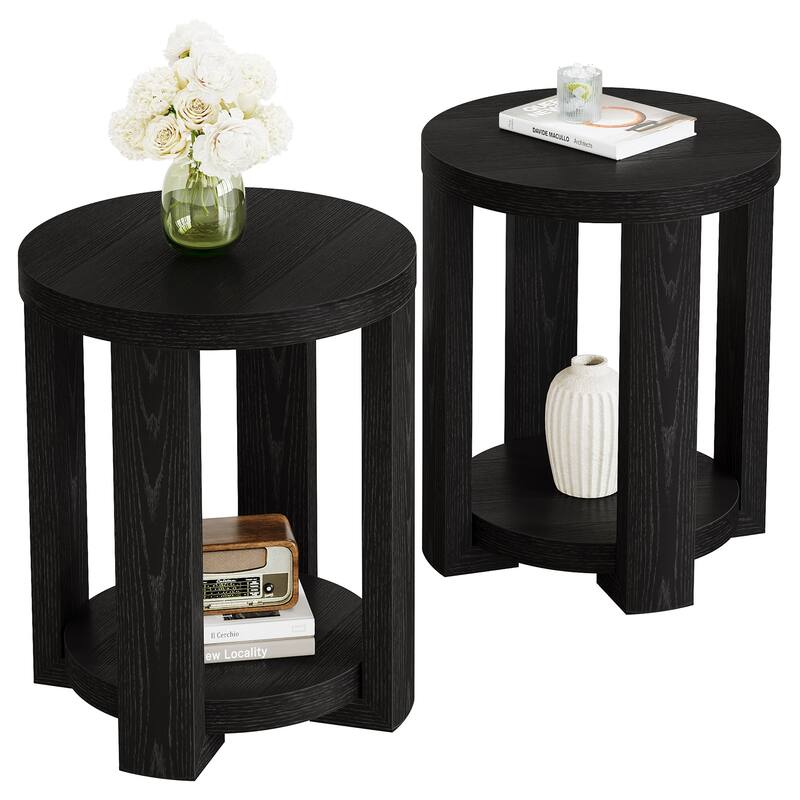 2-Tier Round End Table, Side Accent Snack Table, Living Room Bedroom Bedside Nightstand Furniture