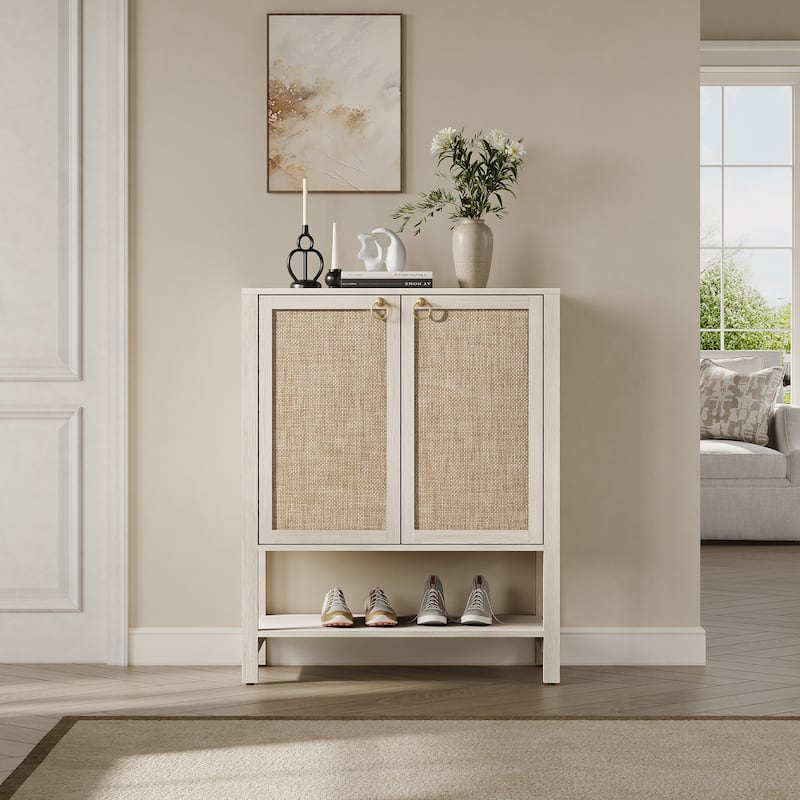 Rattan - Doors Shoes Cabinet with Adjustable Interior