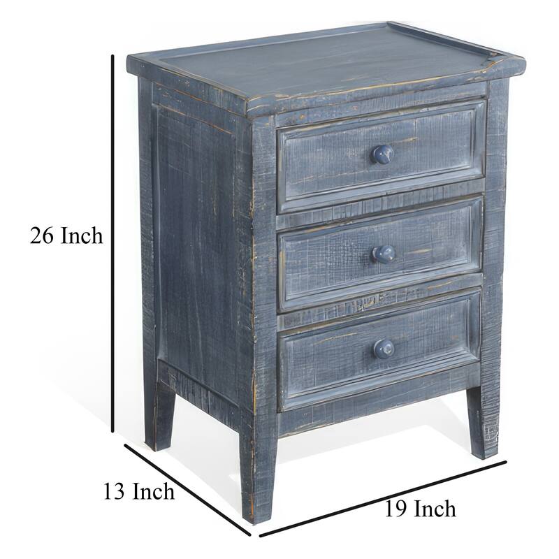 Rena Side End Table with 3 Drawers, 19 Inch Rustic Blue Mahogany Wood