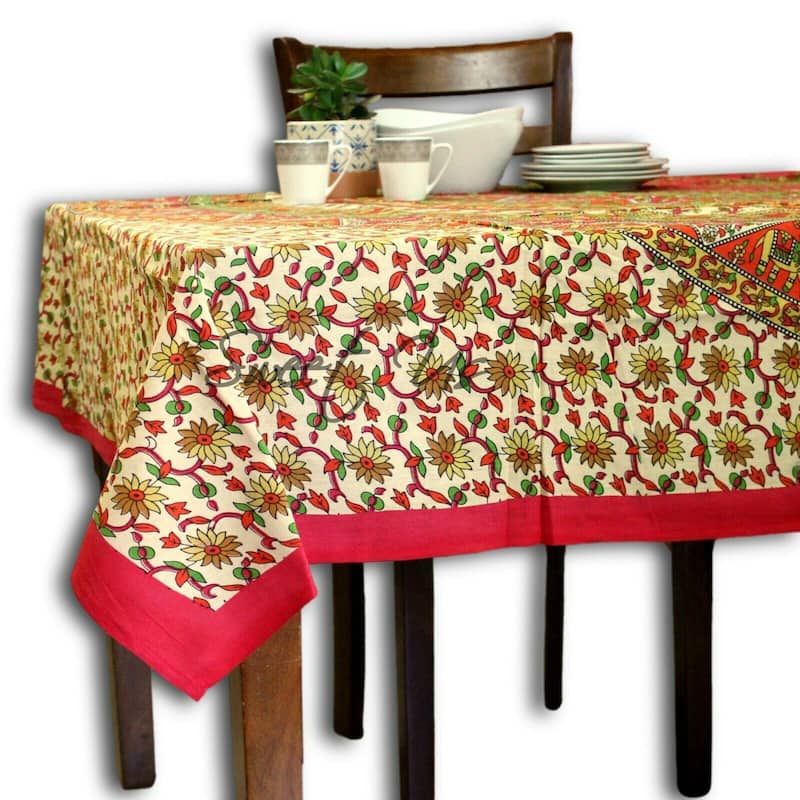 Cotton Elephant Floral Shine Tablecloth Rectangle - 84 x 94 in - Red