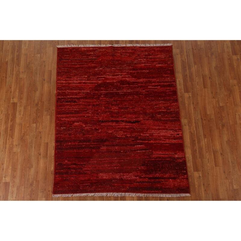 Hand Knotted Oriental 100% Wool Carpet Modern Stripe Red Moroccan Area Rug - 6' 4'' X 5' 2''