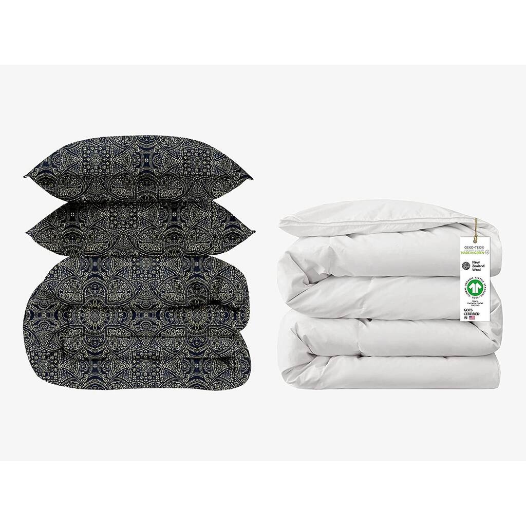 Delara GOTS Certified 100% Organic Cotton 4 Piece Reversible Duvet Cover Set with 400GSM Wool Comforter & 2 Pillow Shams