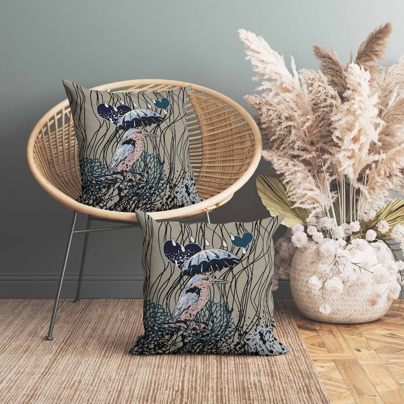 Bird with Umbrella Indoor/Outdoor Reversible Throw Pillow Grayish and Yellow