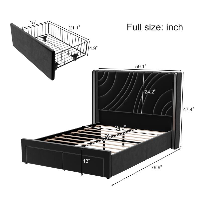 Modern Velvet Upholstered LED Bed Frame with Storage Drawers by Harper&Bright Designs