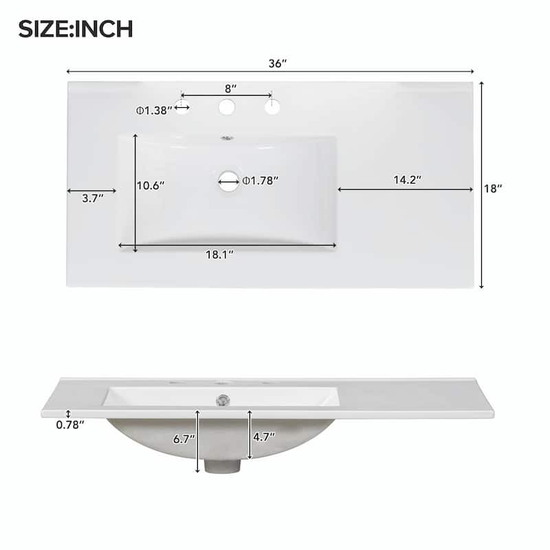 36" White Bathroom Vanity with Ceramic Sink Combo, Ample Storage Cabinet - 2 Soft-Close Doors and 5 Drawers