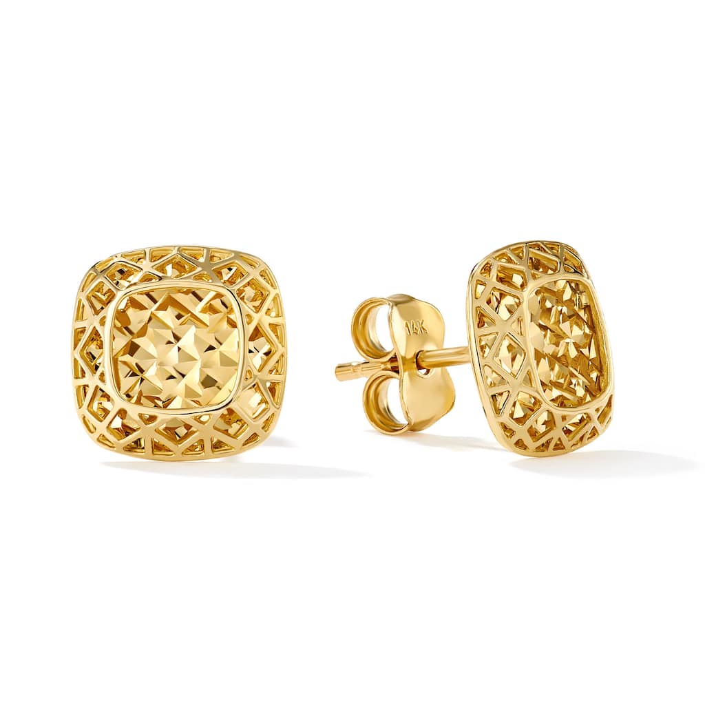 Clover 14K Yellow Gold High-Polish Diamond-Cut Cushion Shape Stud Earrings