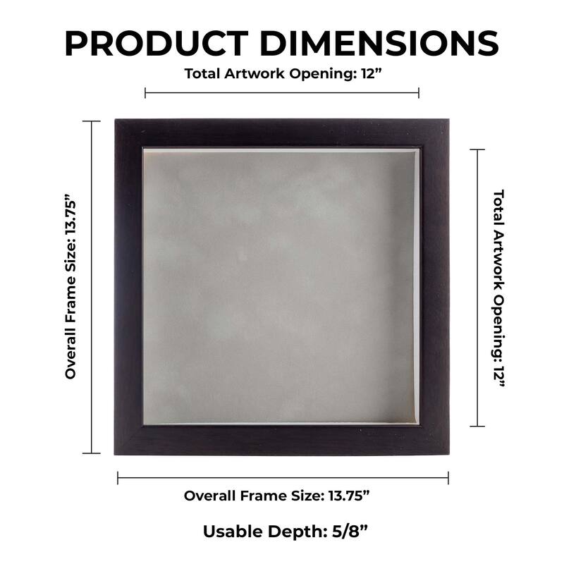 12x12 Shadow Box Frame Brown Walnut Wood | 3/4" Usable Display Depth | Includes a Light Grey Suede Acid-Free Backing Board