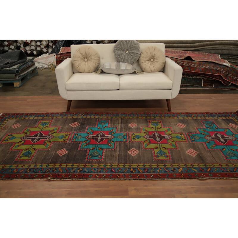Hand Knotted Oriental 100% Wool Carpet Traditional Tribal Brown Heriz Area Rug - 10' 8'' X 4' 7''