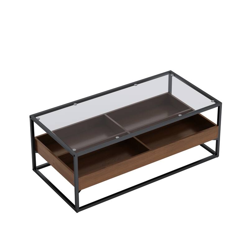 Glass Coffee Table with storage shelf and metal table legs