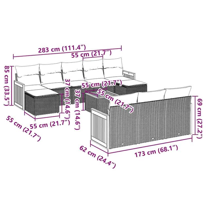 vidaXL Patio Sofa Set with Cushions Outdoor Conversation Furniture Poly Rattan - 21.7 x 21.7 x 14.6 in