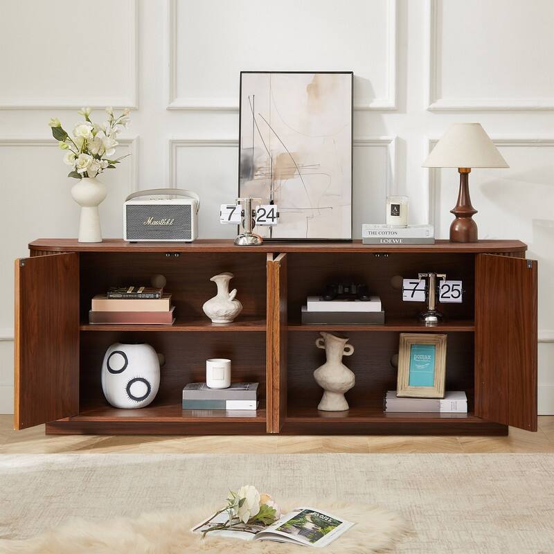 Wave Pattern Storage Cabinet, Stylish Wooden Sideboard with Pressed Spring Door
