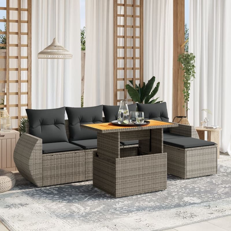 vidaXL Patio Sofa Set with Cushions Outdoor Furniture 6 Piece Poly Rattan - 21.7 x 24.4 x 27.2 - Grey-without storage
