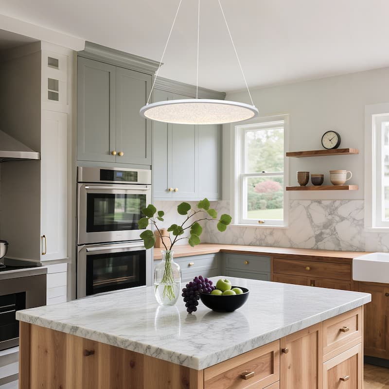 Modern 1-Light White Round LED Chandelier Minimalist Pendant Lights for Dining Room - 17.5" D x 61.5" H