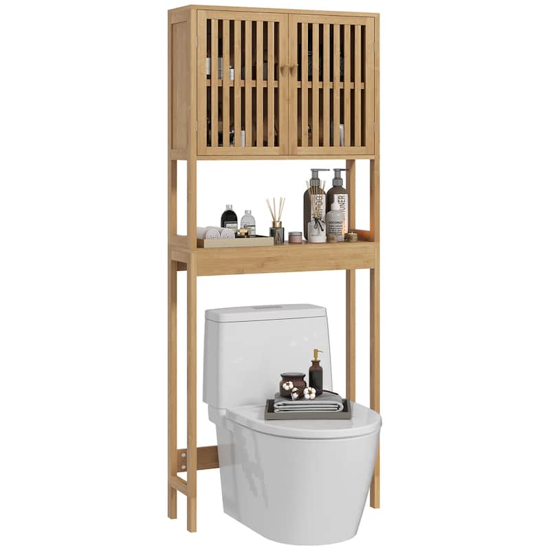 Sofucor Bamboo Over The Toilet Storage Cabinet,Bathroom Organizer with Slatted Doors,Adjustable Shelf and Open Shelf,Natural