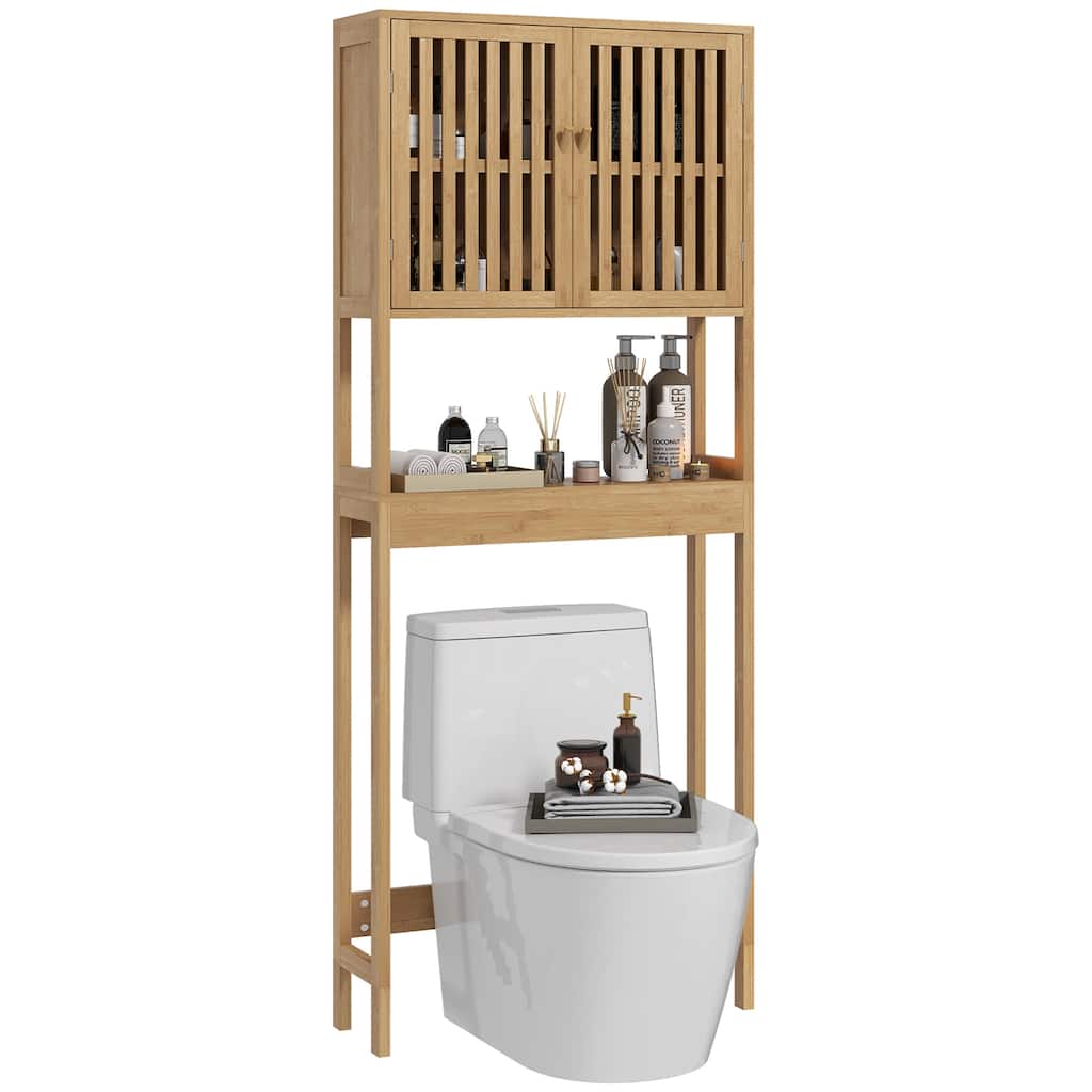 Sofucor Bamboo Over The Toilet Storage Cabinet,Bathroom Organizer with Slatted Doors,Adjustable Shelf and Open Shelf,Natural