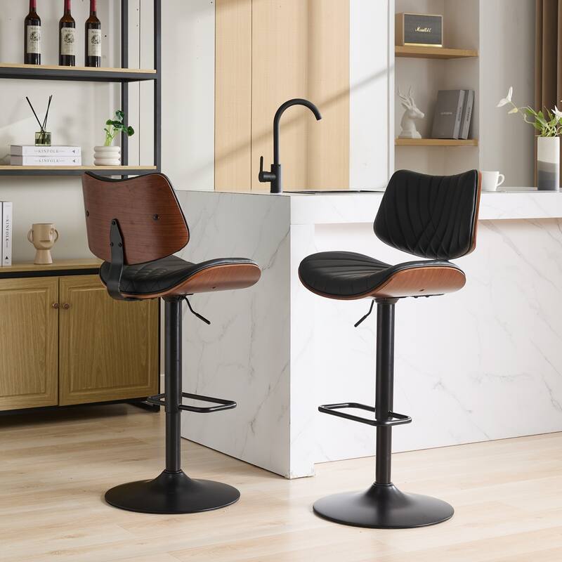Swivel Bar Stools Set of 2, Counter Height Bar Stools with Back, Leather Upholstered Dining Chair with Footrest - Black