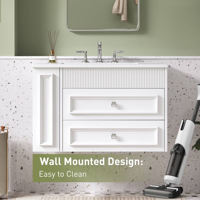 GDFStudio - Merrow Modern Wall-Mounted Bathroom Vanity with 3 Holes Single Ceramic Sink and 2 Storage Drawers - 30'W