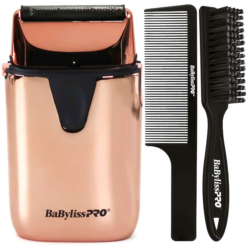 BaByliss Pro LIMITED EDITION UVFOIL UV-Disinfecting Metal Single Foil Shaver - Rose Gold FXLFS1RG + Fade Brush + 9" Comb - Rose Gold