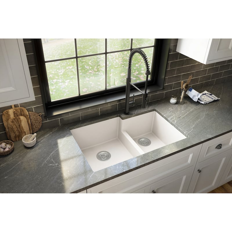 Karran 32" Undermount Large/Small Bowl Quartz Kitchen Sink Kit - 32" x 21.25" x 9"
