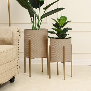 Set of 2 Light Gold Metal Cachepot Planters with Gold Metal Stands