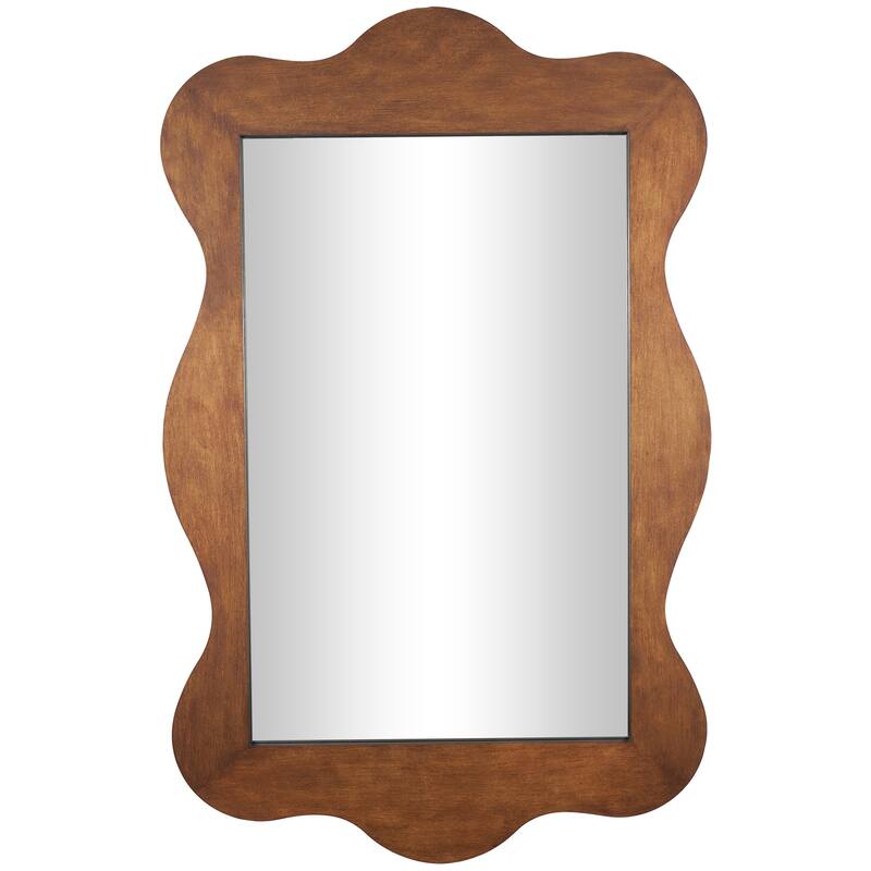 Brown Wooden Room Wall Mirror with Wide Wavy Frame