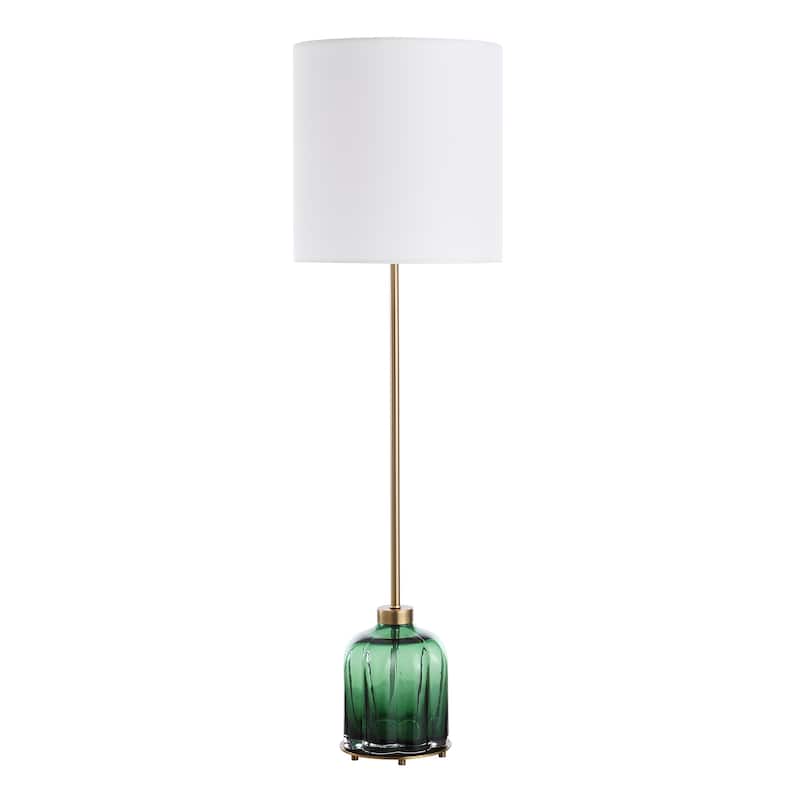 Fluted Emerald Glass Base Buffet Lamp with Drum Shade - 37 - Green