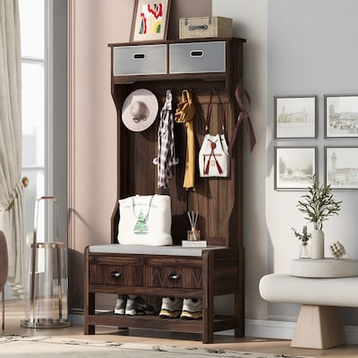 3-in-1 Design Hall Tree with 6 Hooks and Hinged Lid，Entryway Bench with Coat Hanger