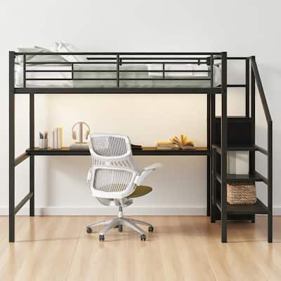 Full Size Loft Bed with Desk, Storage Stairs, Clothes Rack Wardrobe and Color LED Lights, Metal Frame