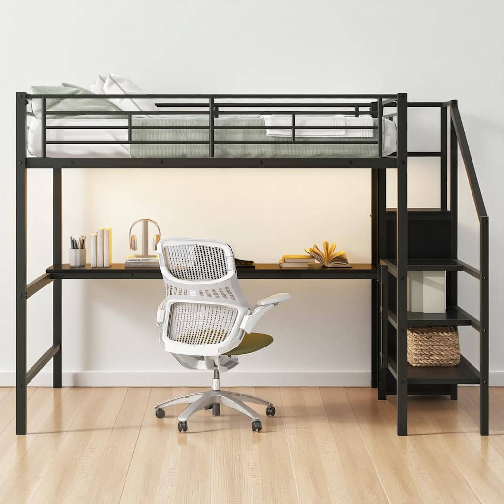 Full Size Loft Bed with Desk, Storage Stairs, Clothes Rack Wardrobe and Color LED Lights, Metal Frame