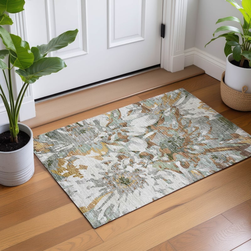 Machine Washable Indoor/ Outdoor Abstract Floral Chantille Rug