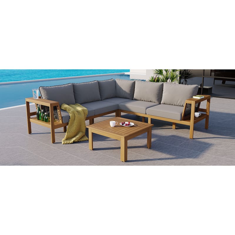 Roomfitters 4-Piece Outdoor Sectional Sofa Set with Coffee Table and Built-in Side Shelves, Wood Frame
