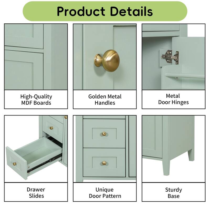 Bathroom Vanity with Sink, Modern MDF and Rubberwood Cabinet with 3 Drawers and Adjustable Shelf