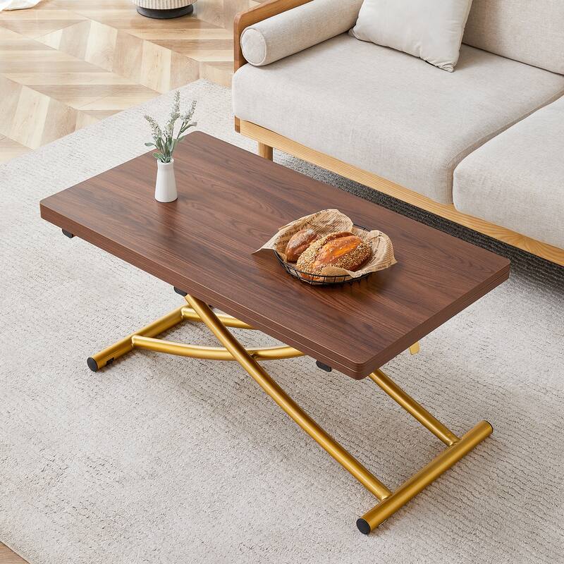 Modern Lift Table With 0.8-Inch Wood-Textured MDF Top & Black Metal Legs; Functions As Dressing, Coffee, Dining, Or Office Desk.
