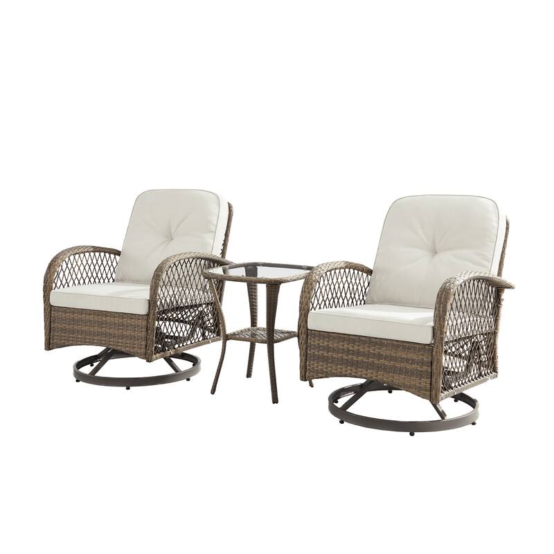 Corvus Helicon 3-Piece Outdoor Wicker Swivel Chat Set with Cushions and Glass Side Table - White Cushion