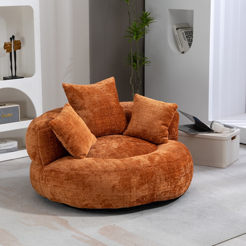 Chenille Oval Bean Bag Chair, Memory Foam Filling Lazy Sofa, Adults Lounge Chair with 3 Pillows & Semi-Wraparound Armrests