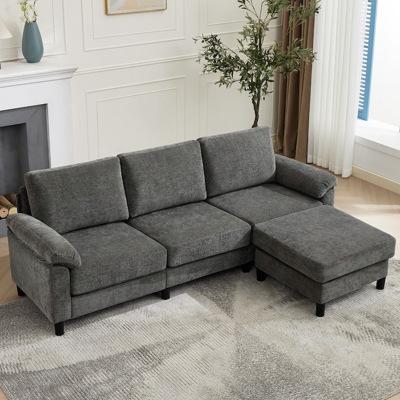 90" L-Shaped Chenille Upholstered 3-Seater Sofa Couch Sectional Sofa with Ottoman