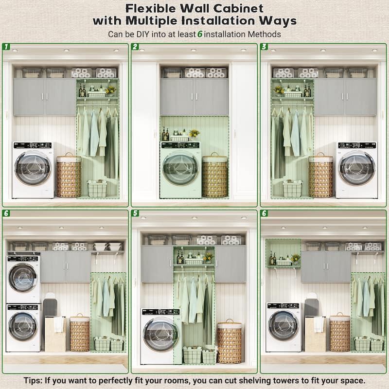 65''W Reversible Laundry Storage Cabinet with Doors and Storage Shelves and Shelf Towers