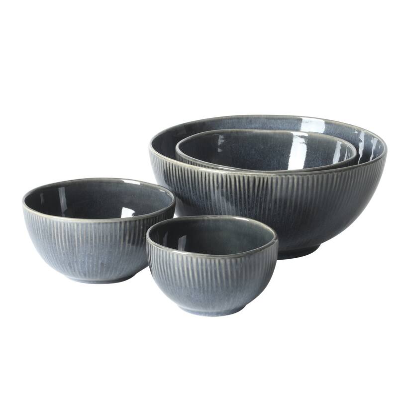 Gibson Elite Sandy Pines 4 Piece Nesting Bowl Set, 4", 5.5", 7" & 9" Round Stoneware Reactive Glaze Finish, Prep & Serving Bowls - Blue