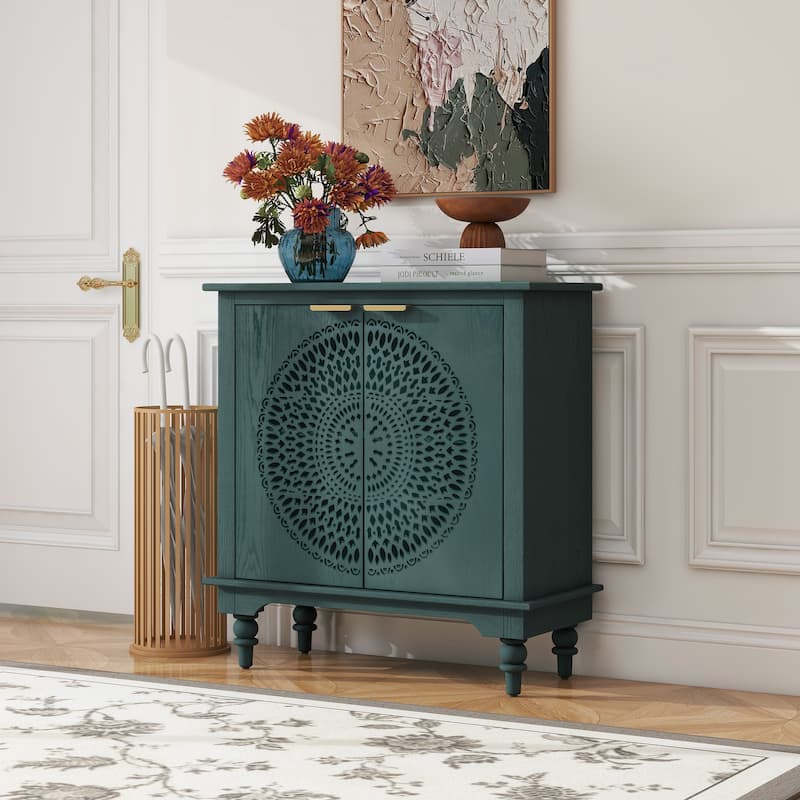 Hollow-Carved 2 Door Accent Cabinet Sideboard Buffet Storage Cabinet with Adjustable Shelf for Entryway Living Room Bedroom - Blackish Green
