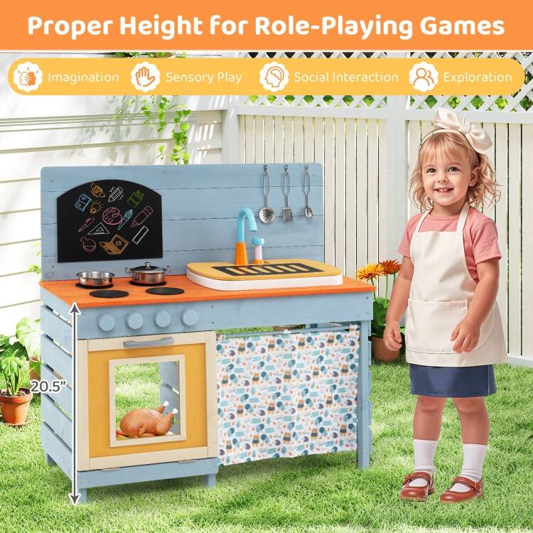 Wooden Toy Kitchen Playset with Removable Circulation Faucet and Cooking Accessories-Blue - Multi