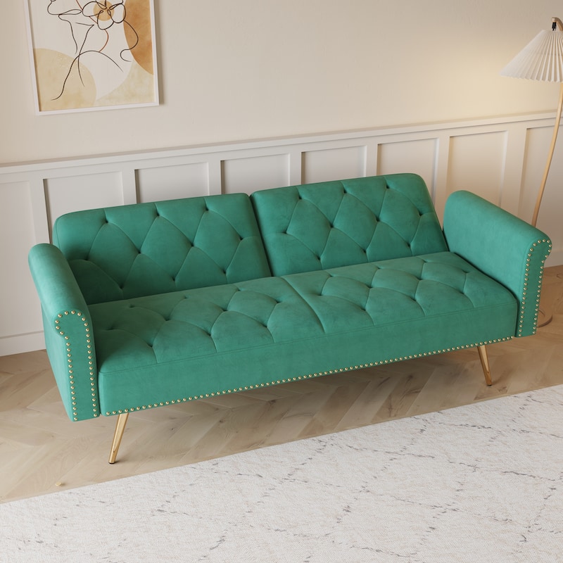 A 69.7-Inch-Long Sofa Bed Covered In Velvet Fabric, Featuring Nail Head Trim And Accompanied By A Matching Throw Pillow