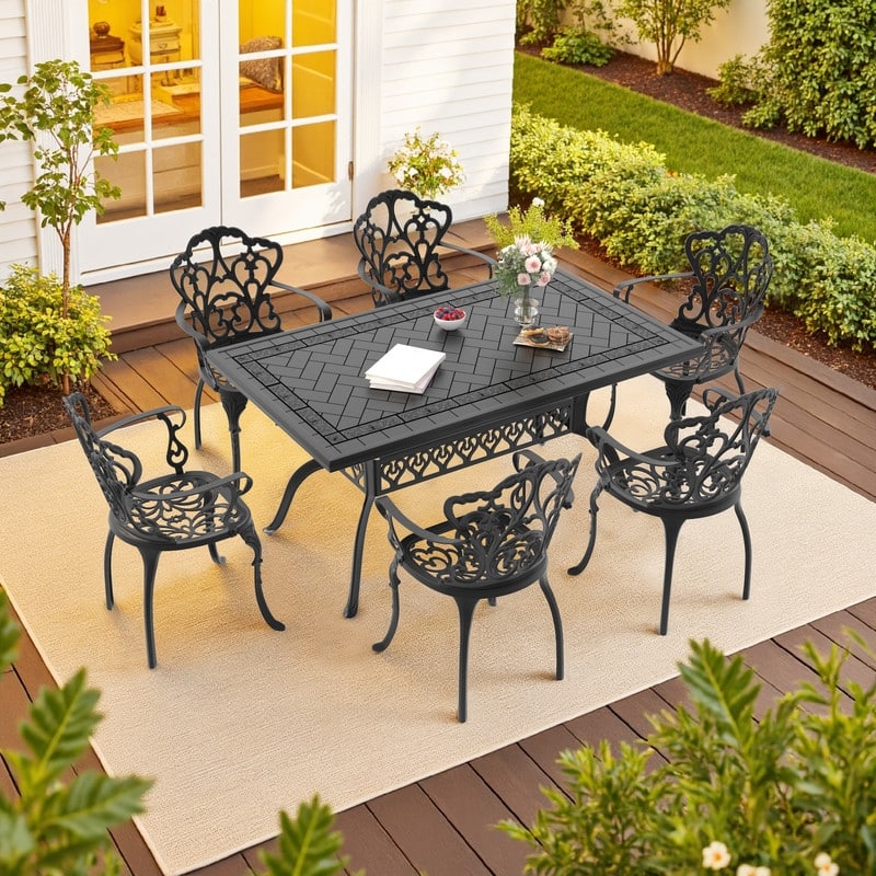 5/7-Piece Cast Aluminum Outdoor Dining Set with 59.06'' L X 35.43'' W Rectangular Table and Seat Cushions