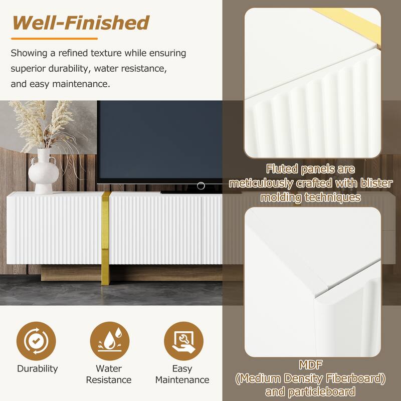 Modern Fluted TV Stand Luxury TV Stand with Storage Drawers and Gold Wood-Grain Legs, for Living Rooms, White