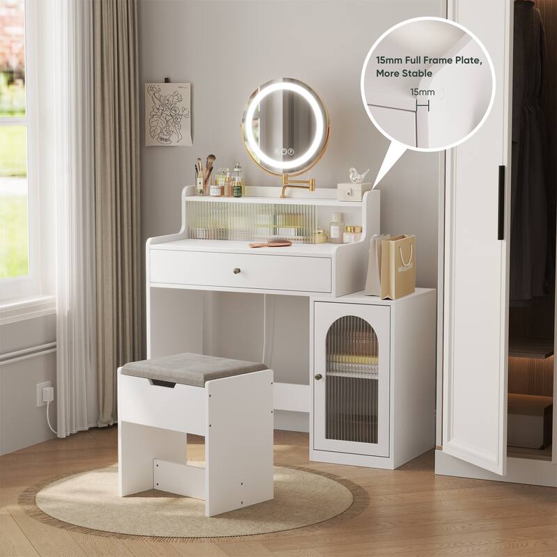 Vanity Desk with Rotated Mirror and Adjustable Lights
