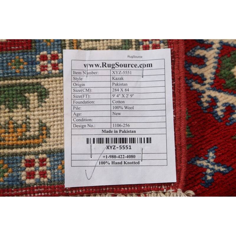 Red Geometric Traditional Kazak Oriental Wool Runner Rug Hand-knotted - 2'9" x 9'4"